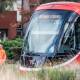 It might be big and red, but someone failed to see the Canberra tram coming. The collision with a pedestrian was so forceful that it cracked the laminated windscreen. Picture: Karleen Minney 