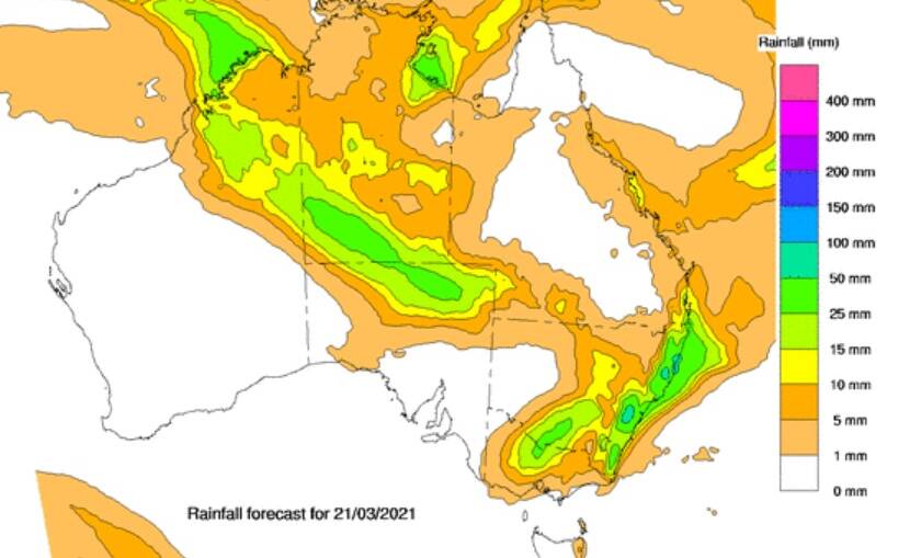 The Bureau of Metorology's rainfall forecast map for Sunday. Picture: BOM