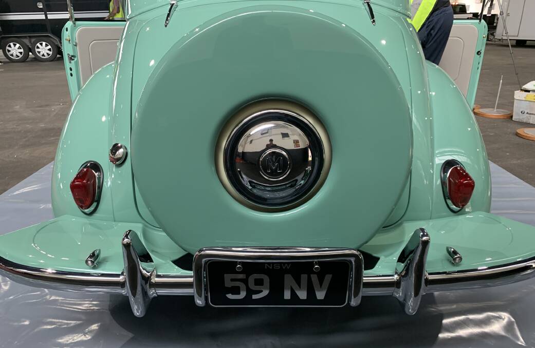 The hand-fabricated rear wheel carrrier on Al Magritzer's 1959 Morris Minor. Picture by Peter Brewer