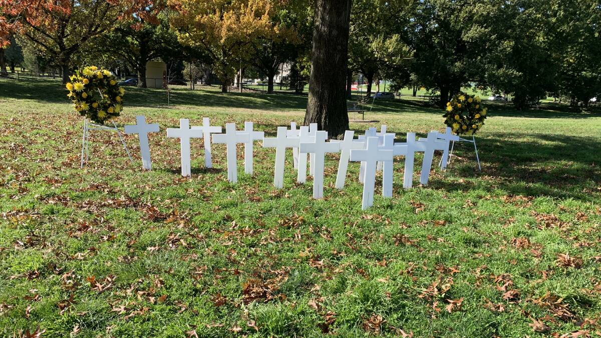 The 18 crosses in Reid Park on Monday to mark the number of road deaths in the ACT in 2022. Picture by Peter Brewer