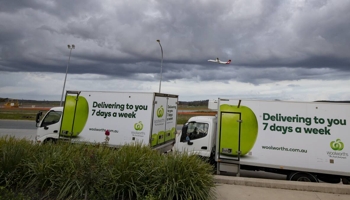 Woolworths delivery trucks at Majura Park waiting to be loaded. Picture: Sitthaxay Ditthavong