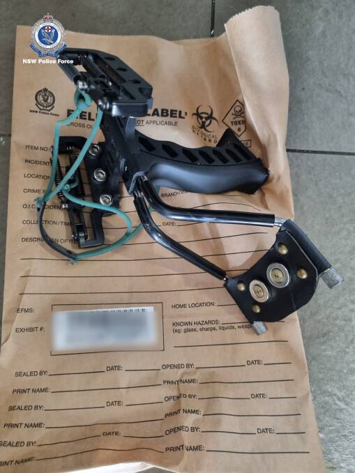 The commercially produced slingshot seized during the Karabar search warrant. Picture supplied