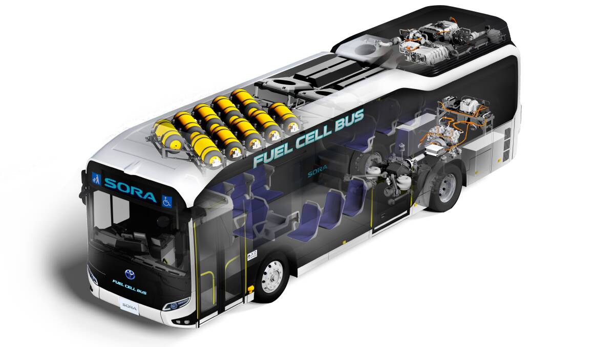 A cutaway of the Toyota Sora bus, showing the hydrogen storage tanks in the roof. Picture: Toyota