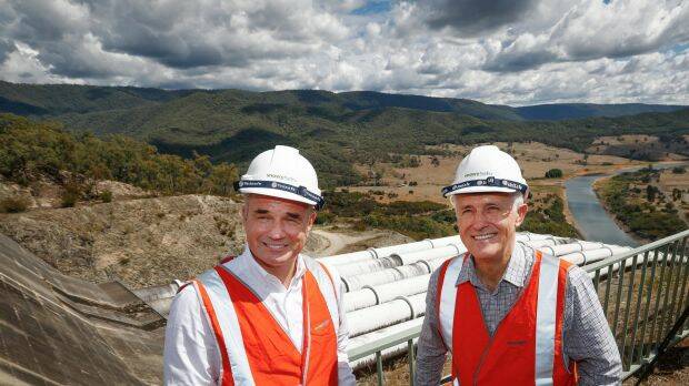 Malcolm Turnbull with Snowy Hydro chief Paul Broad at Talbingo in 2017 after the Snowy Hydro 2.0 announcement. Photo: Alex Ellinghausen
