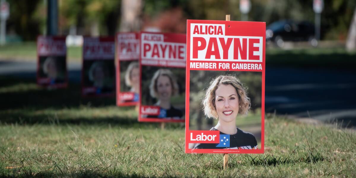 Corflutes showing Labor's Alicia Payne on the side of Canberras' roads. Picture: Karleen Minney