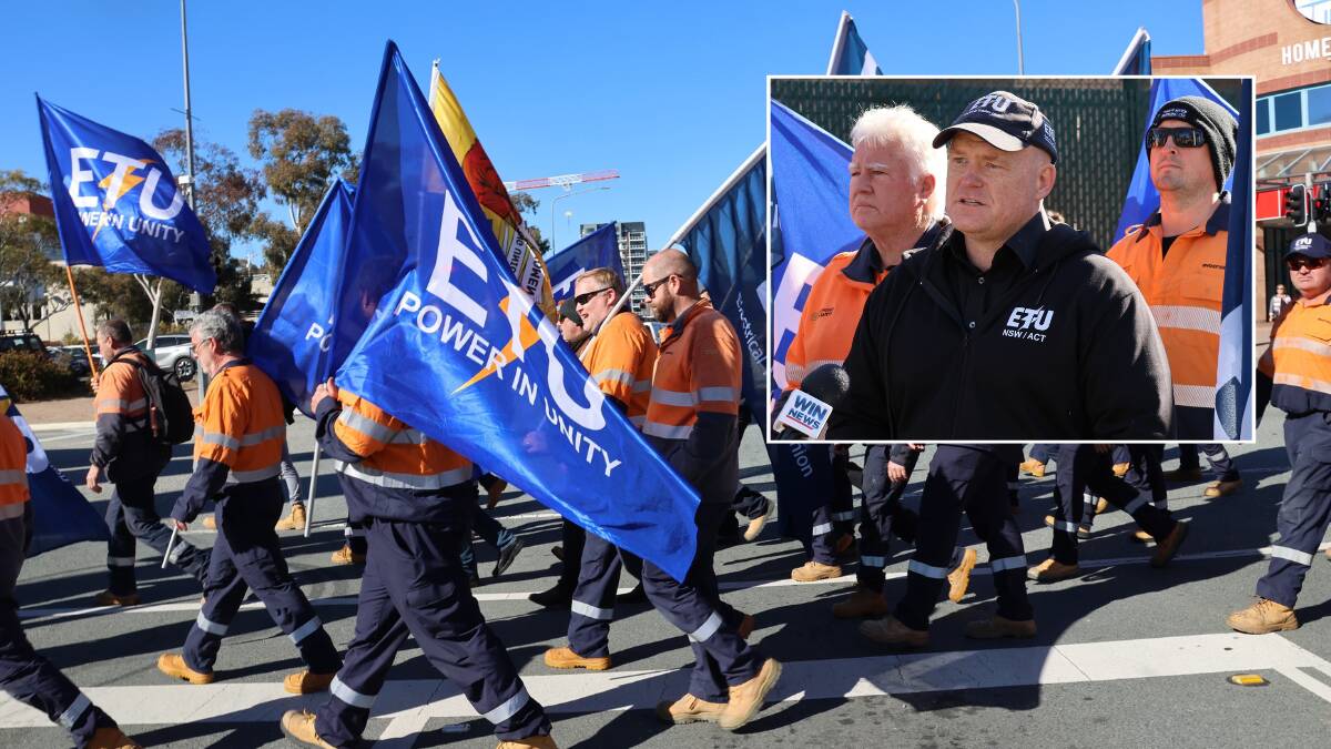 Evoenergy workers were on strike on Tuesday and Electrical Trade Union NSW/ACT branch secretary Allen Hicks, inset. Pictures supplied