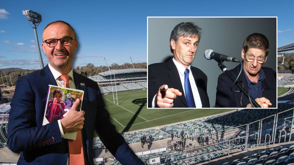 Roy and HG, inset, have taken aim at the toilets at Canberra Stadium on their Bludging on the Blindside podcast. Pictures ACM
