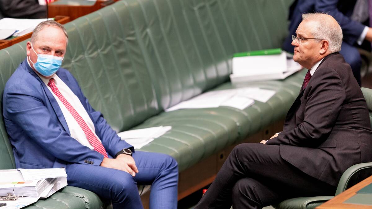 The now former deputy PM and prime minister, Barnaby Joyce and Scott Morrison. Picture: Sitthixay Ditthavong