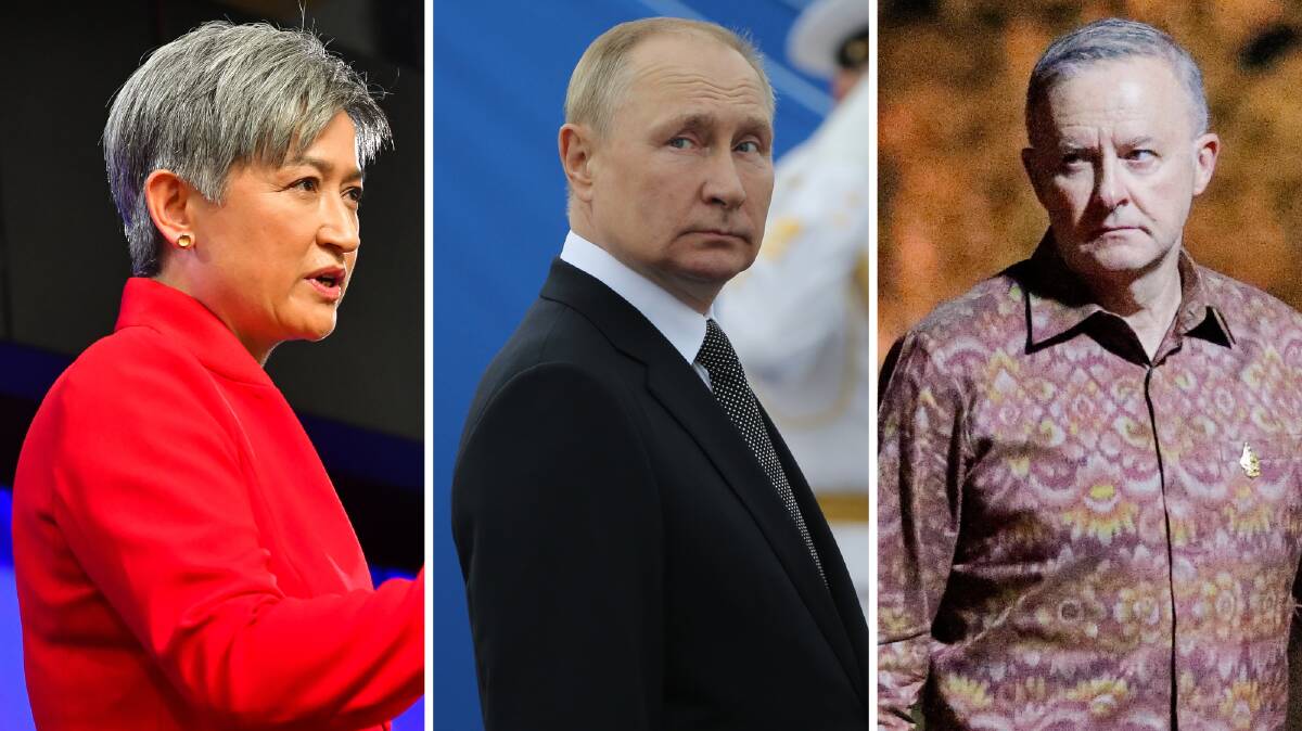 Foreign Minister Penny Wong, Russian President Vladimir Putin and PM Anthony Albanese. Pictures by Elesa Kurtz, Getty Images and AAP