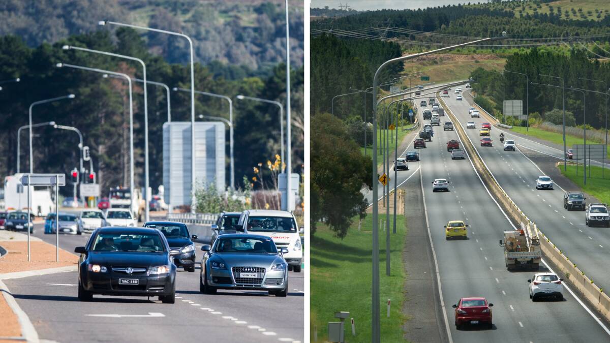 Pialligo Avenue, left, and the Tuggeranong Parkway are among the roads to lose funding. Pictures by Rohan Thomson, Elesa Kurtz
