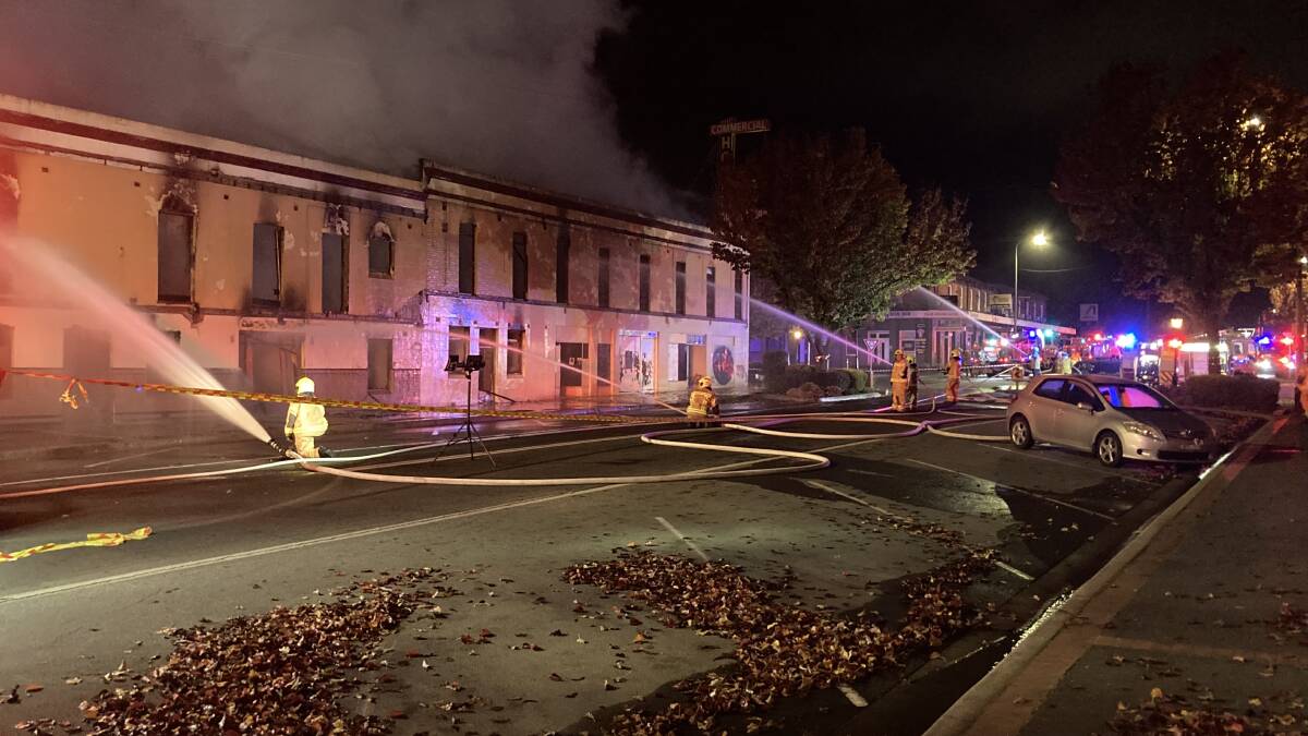 Fire crews attacked an early morning fire at the old Commercial Hotel in Yass early on Monday. Picture Southern Tablelands RFS