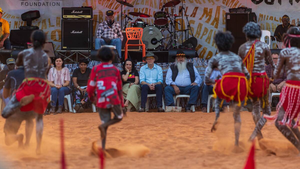Prime Minister Anthony Albanese, Senator Patrick Dodson and MP Linda Burney at Bungul during the Garma Festival. Picture Getty Images