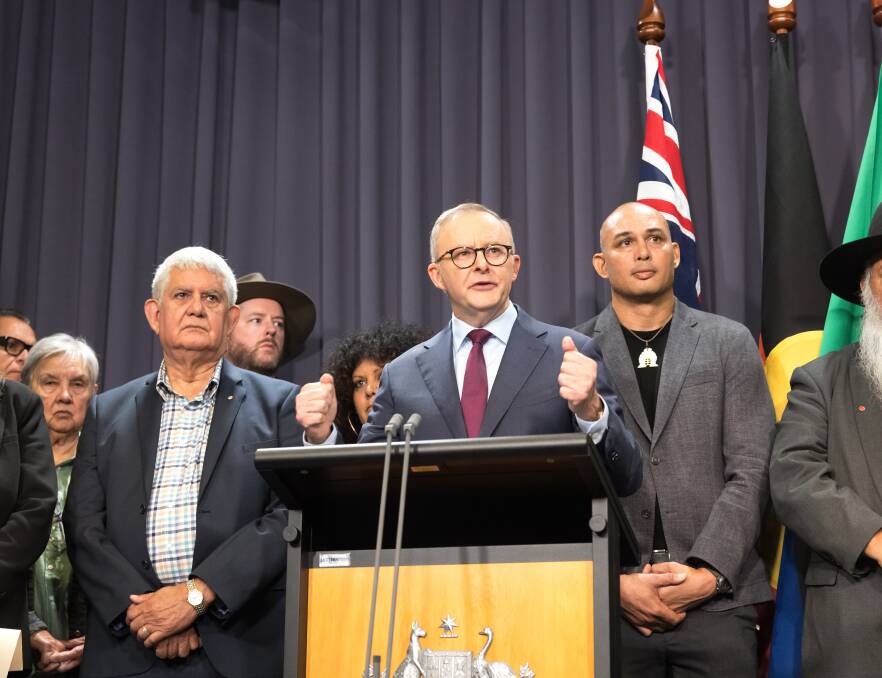 Prime Minister Anthony Albanese and members of the referendum working group at a press conference announcing the proposed wording of the question that will be put to Australians to enshrine an Indigenous Voice to Parliament. Picture by Sitthixay Ditthavong