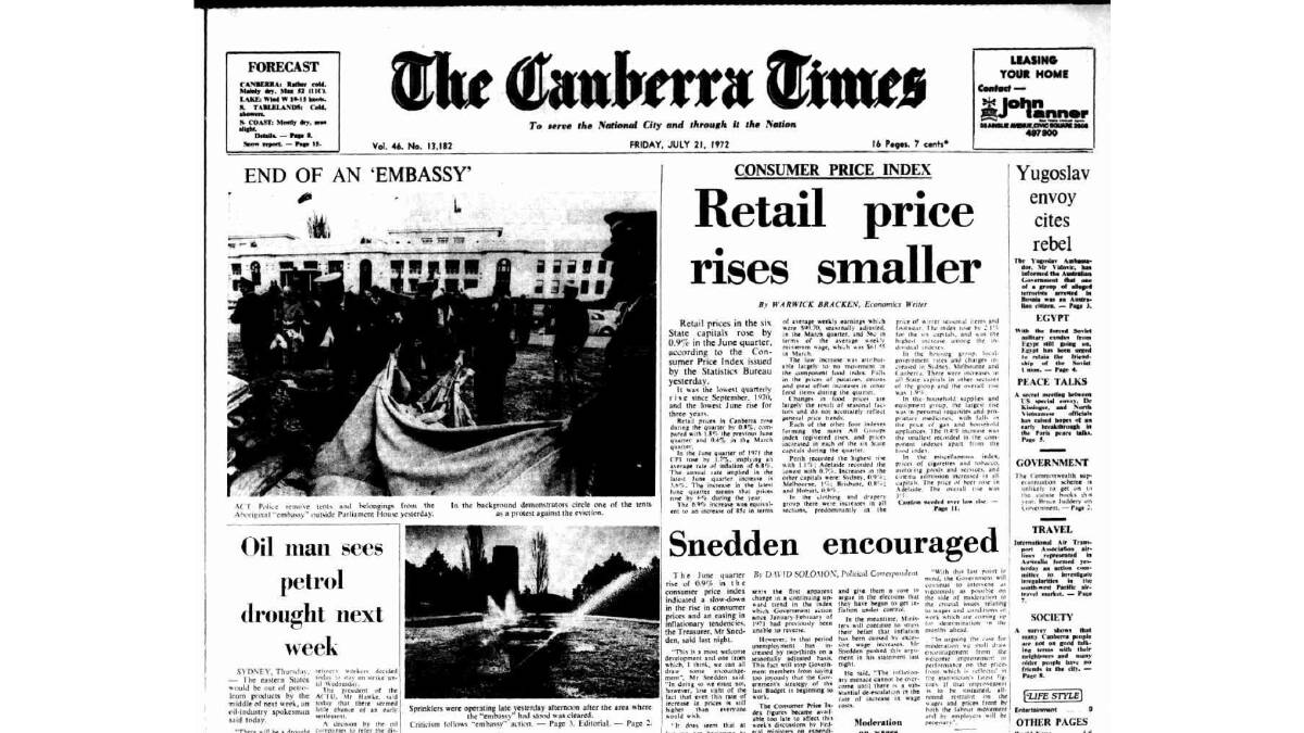 The Canberra Times' front page from July 21, 1972. 