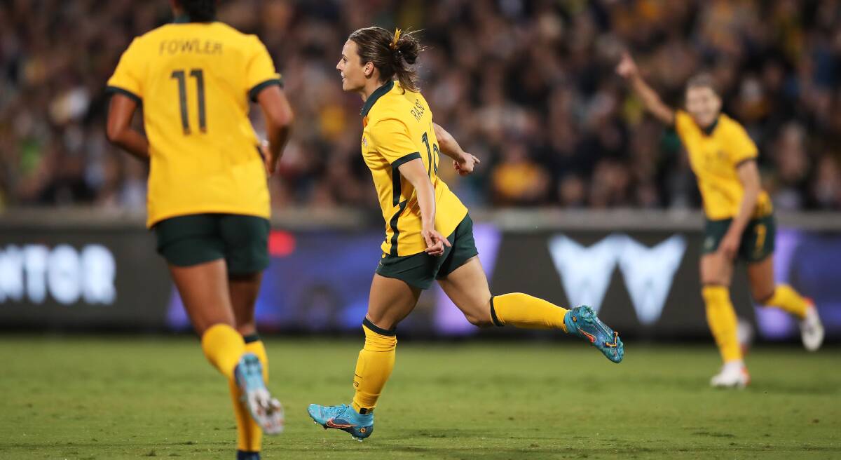 Hayley Raso celebrates with teammates after scoring a goal during the International women's friendly match between the Australia Matildas and the New Zealand at GIO Stadium on April 12. Picture: Getty Images 