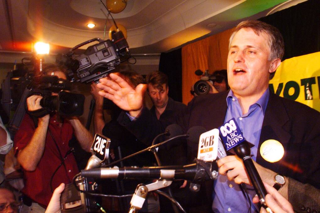 Yes committee chairman Malcolm Turnbull concedes defeat after the referendum at Sydney's Marriott Hotel in 1999. Picture: Steve Lunam