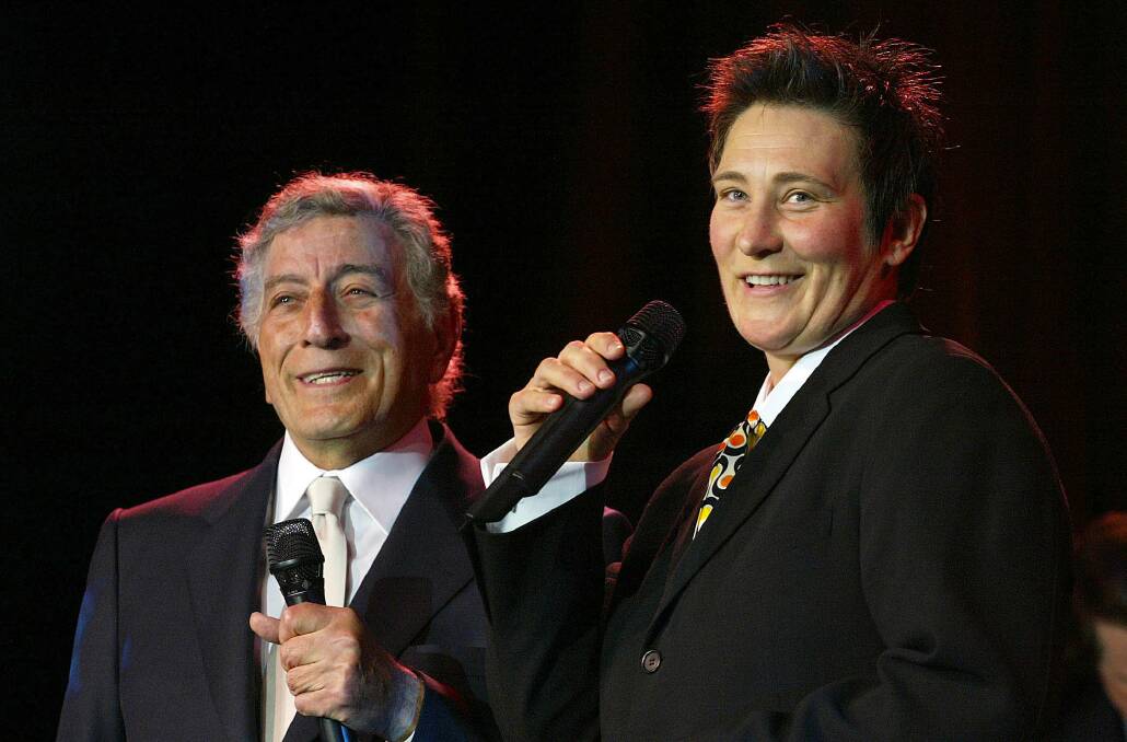 Singers Tony Bennett and k d lang perform during the 14th Annual Gay & Lesbian Alliance Against Defamation (GLAAD) Media Awards in New York in 2003. Bennett and lang won an award for Outstanding Music Album. Picture: AP Photo/Shawn Baldwin