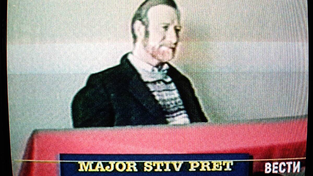 Steve Pratt being paraded on Serbian television twenty years ago.