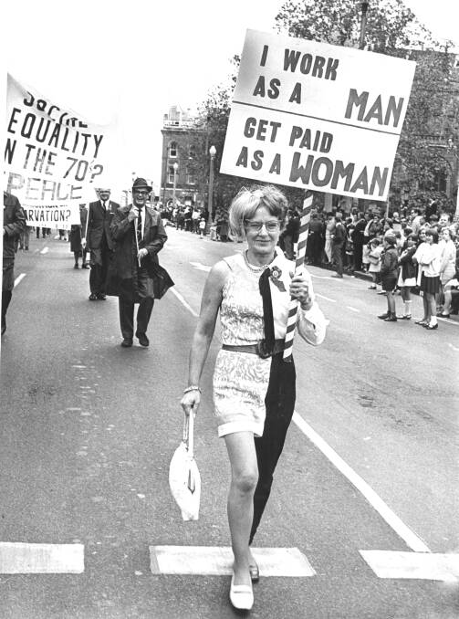 Nancy Anderson, one of 2000 marchers in the 1969 May Day parade in Sydney, wore part-skirt, part-trousers to drive her message home. Picture: Fairfax archives