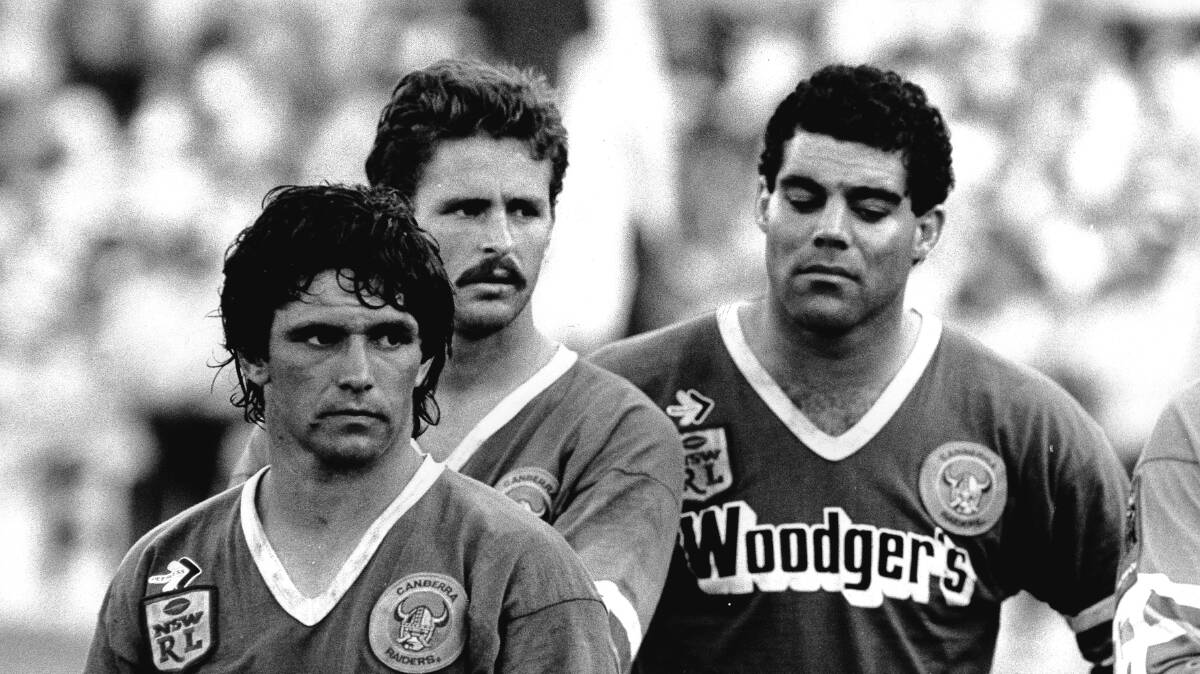 Is this the look that shaped the Canberra Raiders? Chris O'Sullivan, Gary Belcher and Mal Meninga following the 1987 grand final loss.
