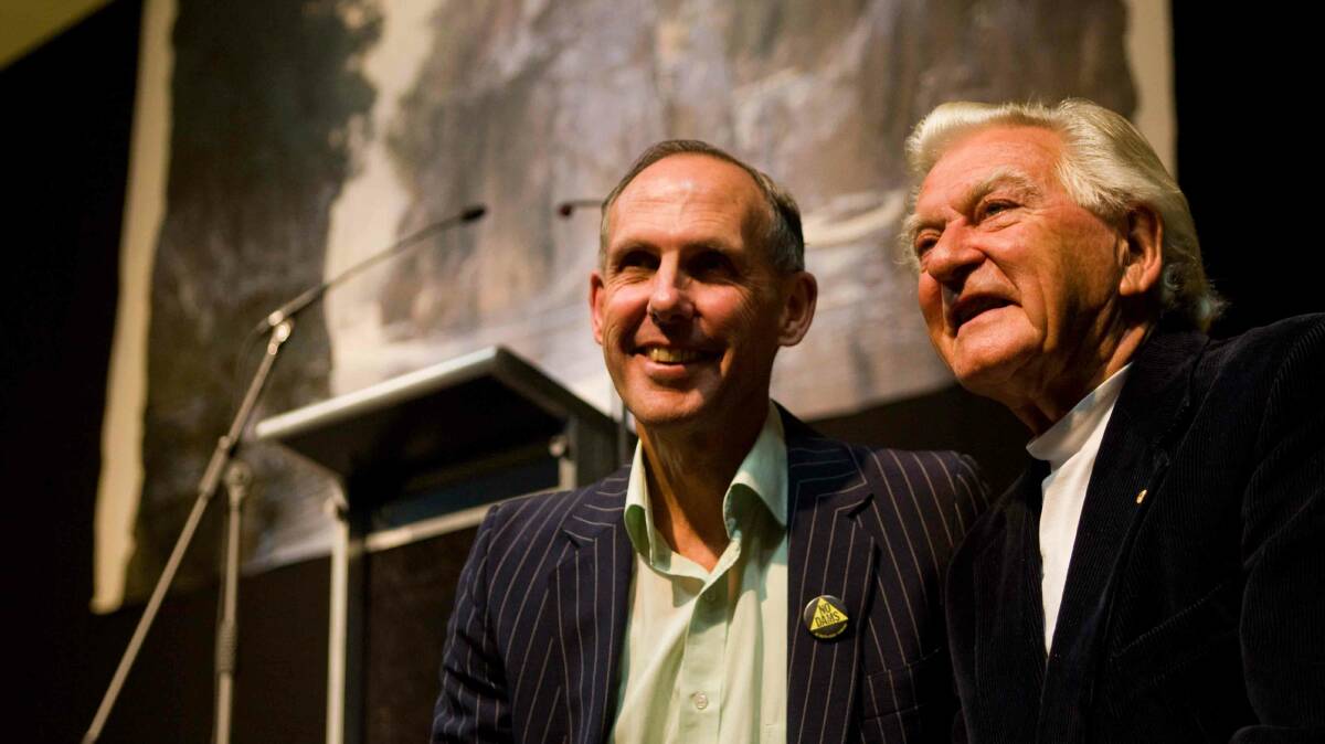 Former prime minister Bob Hawke with former Greens leader Bob Brown at the 25th anniversary of the High Court decision to stop the damming of the Franklin River. Picture: Peter Mathew