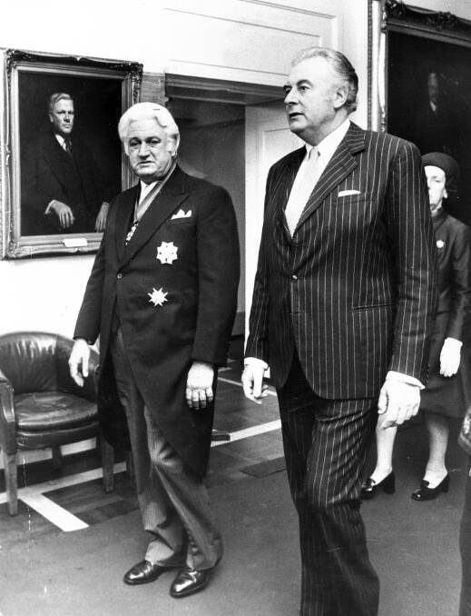 Former governor-general Sir John Kerr and then prime minister Gough Whitlam in 1974. Picture: Fairfax Photo Archive