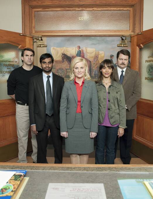 Nick Offerman as Ron Swanson, far right, with the rest of the cast of Parks and Recreation. Picture: Mitchell Haaseth 