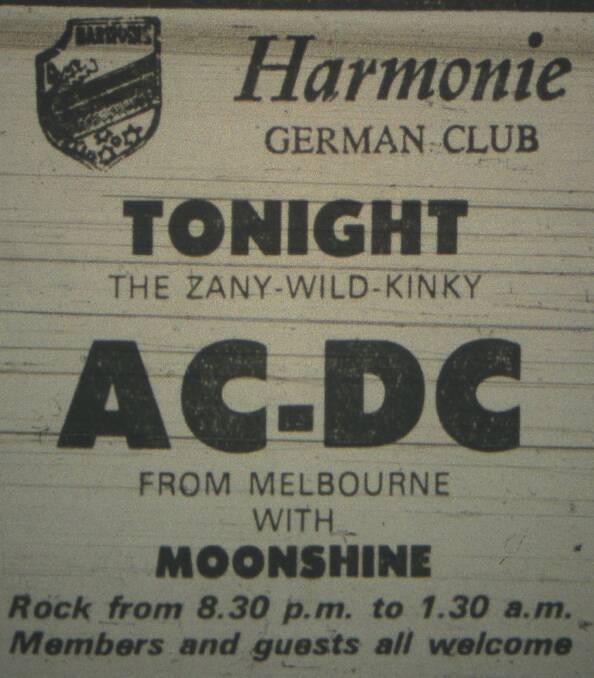 The Canberra Times ad for an AC/DC show at the Harmonie German Club from December 20, 1974.