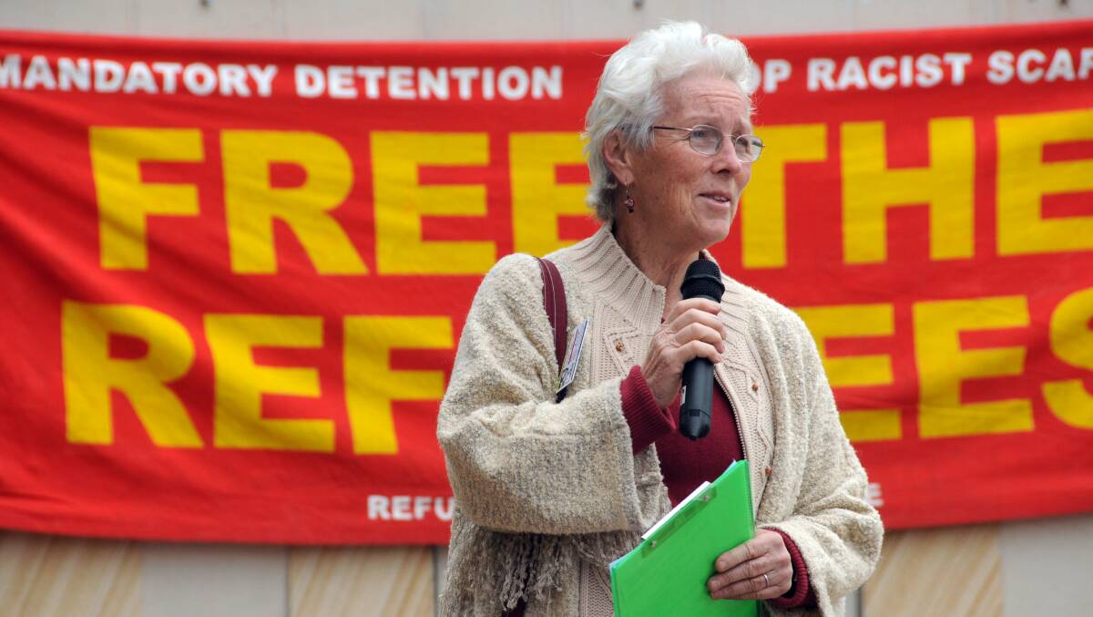 Sister Jane Keogh at a refugee rally in Canberra in 2010. Picture: Kate Leith