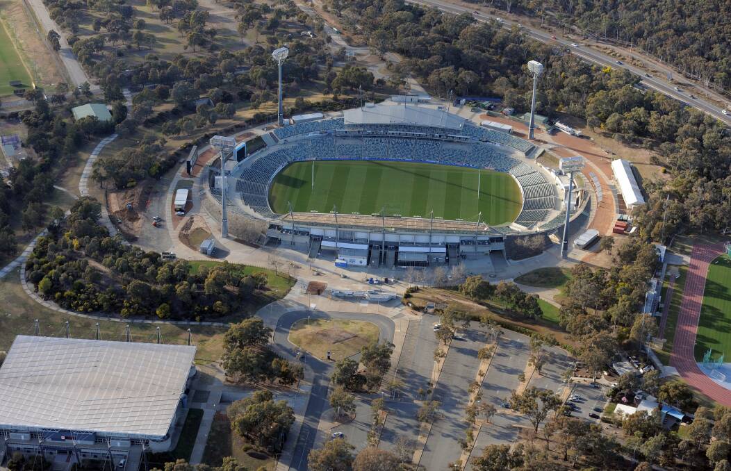 The AIS could sell Canberra Stadium, top, the AIS Arena, left, and move the AIS track to free up land. Picture: Graham Tidy
