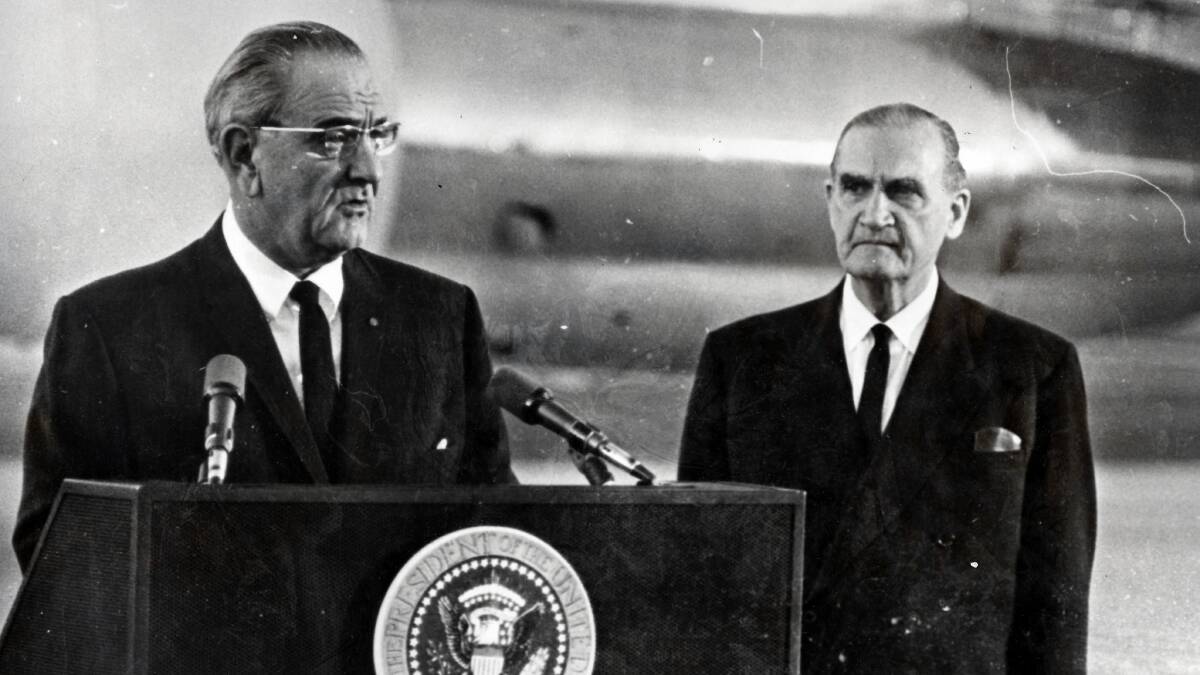 President Lyndon Johnson at Canberra airport with Prime Minister John McEwen in December 1967. Picture: Fairfax Photo Archive