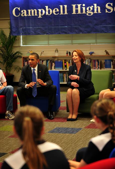President Barack Obama and Prime minister Julia Gillard visit Campbell High school in 2012. Picture: Karleen Minney

