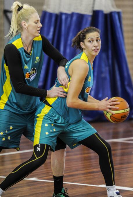 Lauren Jackson and Marianna Tolo at Opals training in 2012. Picture: Rohan Thomson