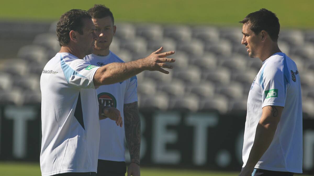 Ricky Stuart talks to Mitchell Pearce and Todd Carney during their time in Blues camp in 2012. Picture: Steve Christo