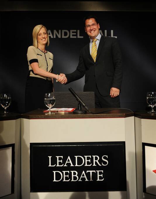 Katy Gallagher and Zed Seselja are no strangers to campaigning against each other, seen here at the leaders debate before the 2012 ACT Legislative Assembly election. Photo: Colleen Petch.