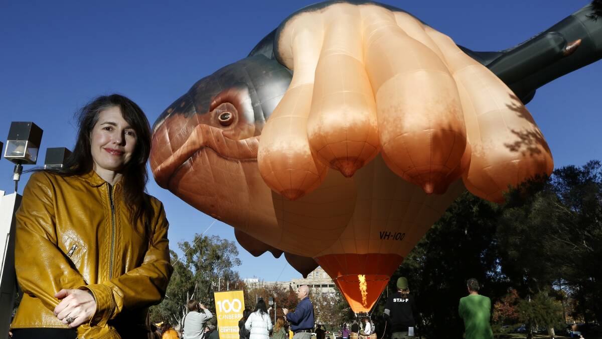 Patricia Piccinini with her work Skywhale at the National Gallery of Australia in 2013. Picture: Jeffrey Chan.