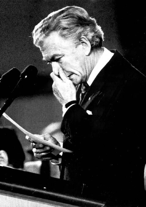 Prime minister Bob Hawke crying at Parliament House on June 9, 1989, following the events at Tiananmen Square. Picture: Graham Tidy