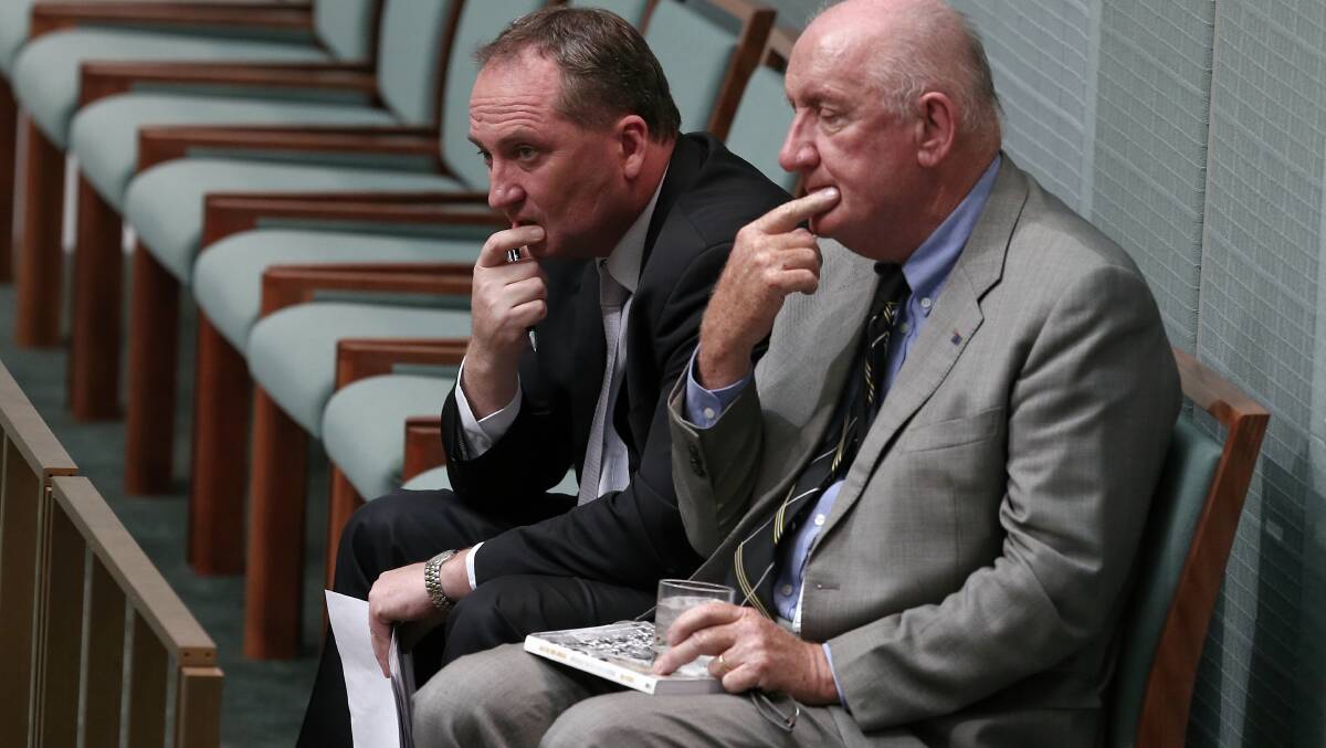 Former Nationals leaders Barnaby Joyce and Tim Fischer during Question Time at Parliament House in November 2014. Picture: Alex Ellinghausen