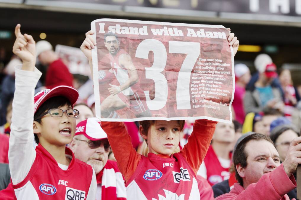 Sydney Swans fans support Adam Goodes, who was the target of racist attacks during his career. Photo: James Brickwood
