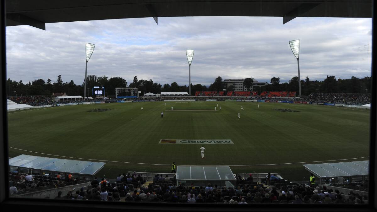 The lights over Manuka Oval during the Prime Minister's XI in 2015. Picture: Graham Tidy