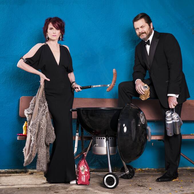 Nick Offerman, right, with his wife Megan Mullally. Picture: Ken Merrigan