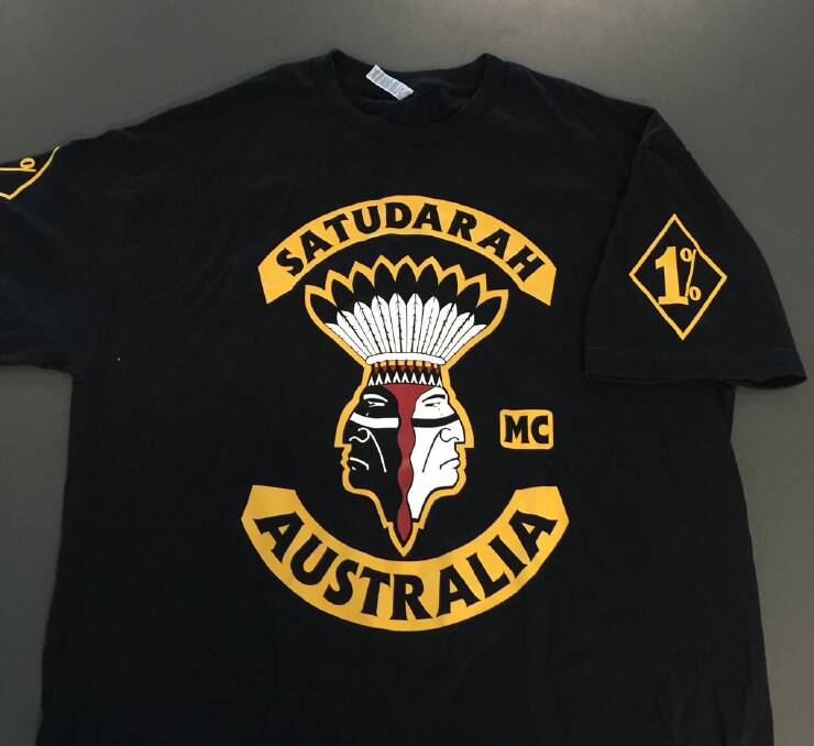 The Satudarah colours on a T-shirt seized by police. Dean Stephen Reid was allegedly the president of the Canberra Satudarah chapter at the time of an alleged assault. Picture: Supplied