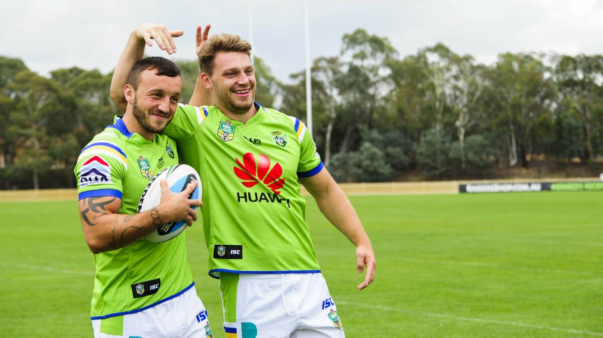 Elliott Whitedhead, right, says the Raiders want to mark Josh Hodgson's 100th NRL game with a win. Picture: Melissa Adams