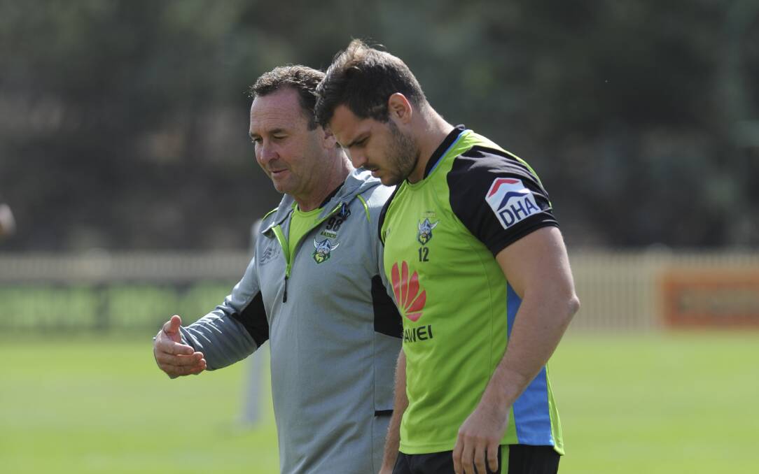Raiders coach Ricky Stuart will give halfback Aidan Sezer a pat on the back and half a hug before the Tigers clash. Picture: Graham Tidy.