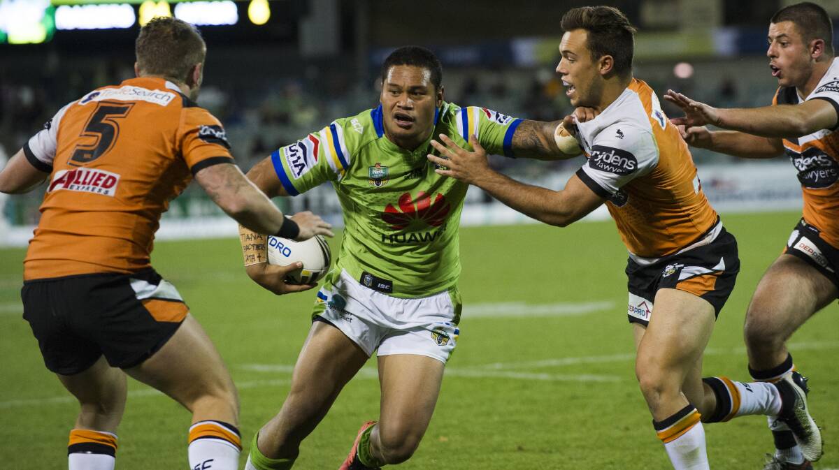 The Wests Tigers are interested in Raiders centre Joey Leilua. Picture: Rohan Thomson