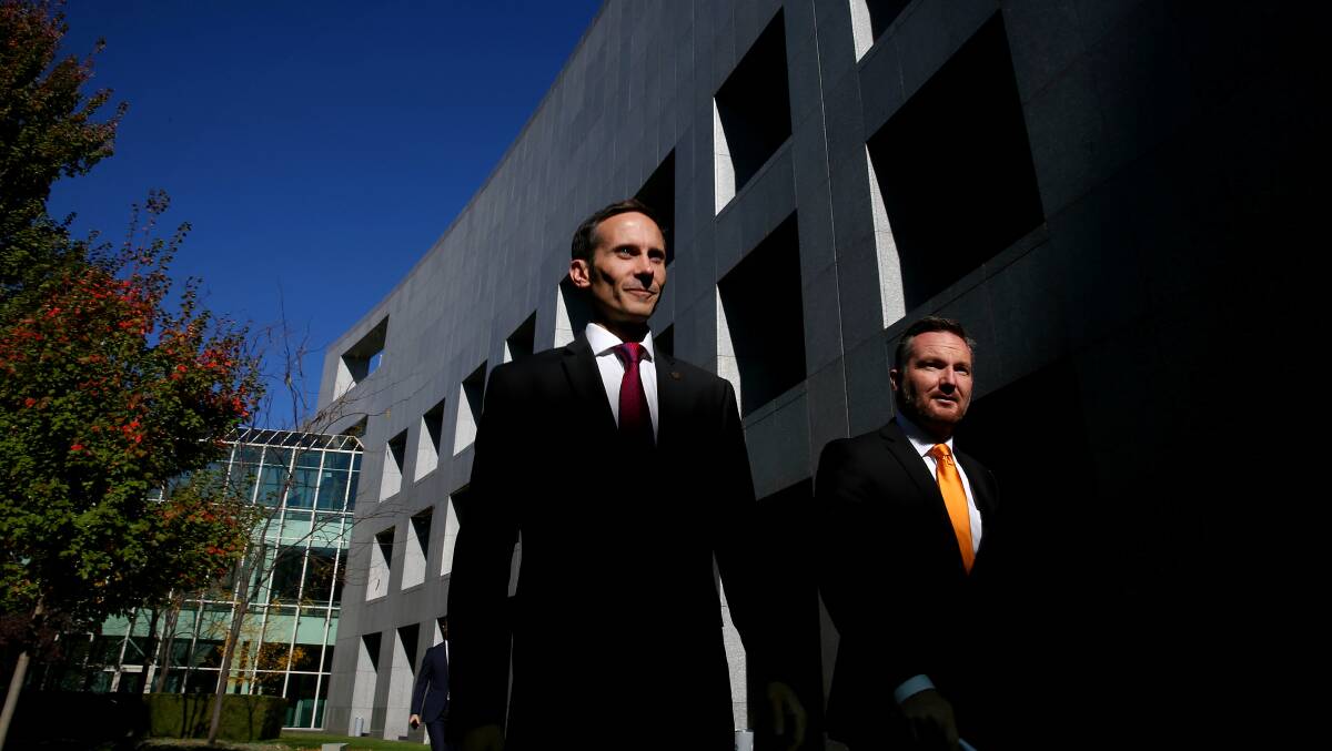 Then-shadow assistant treasurer Andrew Leigh with then-shadow treasurer Chris Bowen arrive for a doorstop interview at Parliament House in 2016. Picture: Alex Ellinghausen