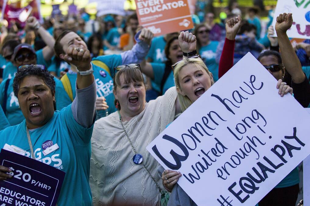 Childcare educators campaign for equal pay in 2016. Picture: Paul Jeffers