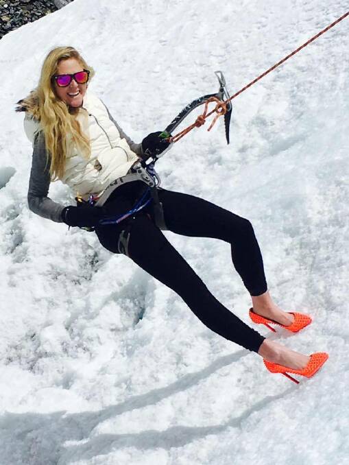 Laura Darlington in her Louis Vuitton shoes at Mount Everest. Picture: Supplied