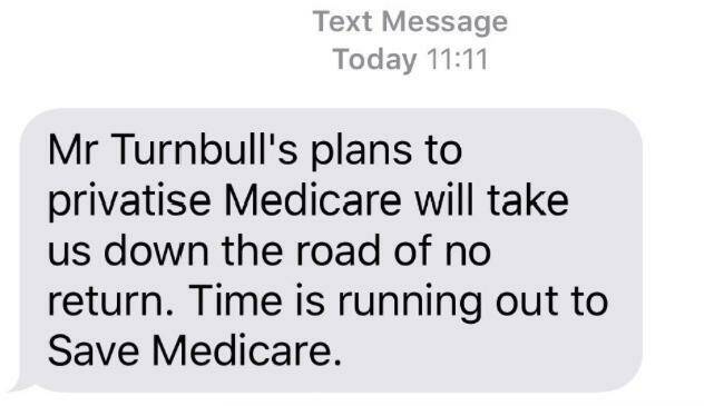 A text message sent during the ALP's "Mediscare" campaign. Picture: Supplied