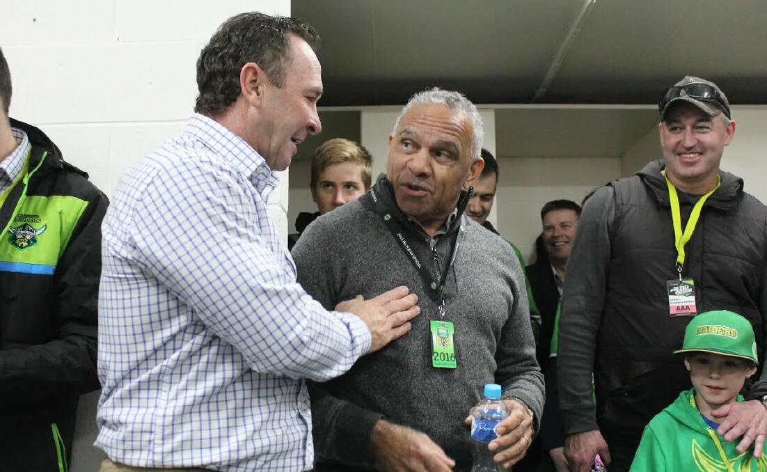 Ferguson in the Canberra Raiders sheds with coach Ricky Stuart. Picture: Supplied